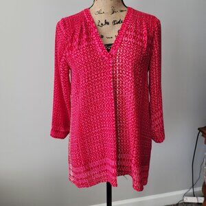 Women's a.n.a Silky Red Multi Pleated Smocked Semi- Sheer Lightweight Small